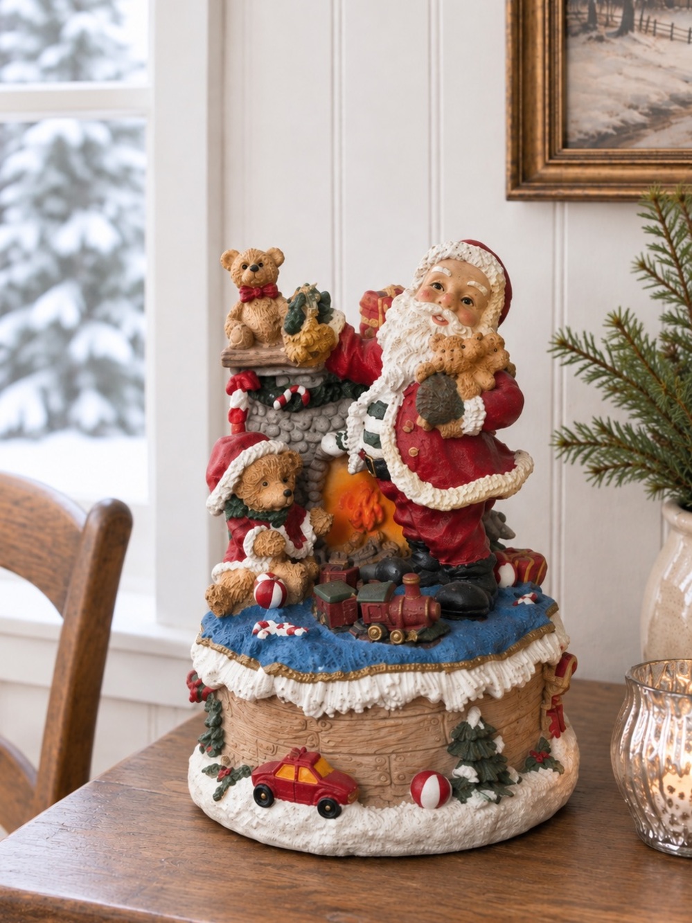 Vintage Santa Christmas Music Box Teddy Bears Fireplace Holiday Decor